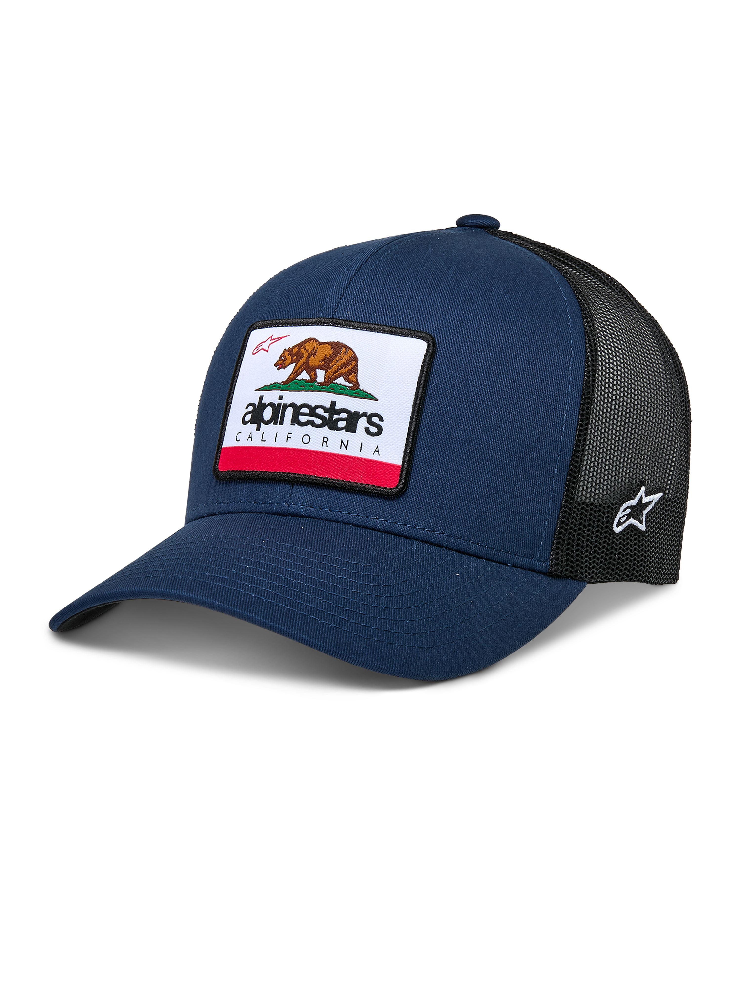 Casquette Alpinestars Cali 2.0, casquette trucker bleu marine et noir, avec un grand écusson de l'ours de Californie et le logo Alpinestars, visière incurvée, arrière en maille noire respirante, couvre-chef motorsport décontracté