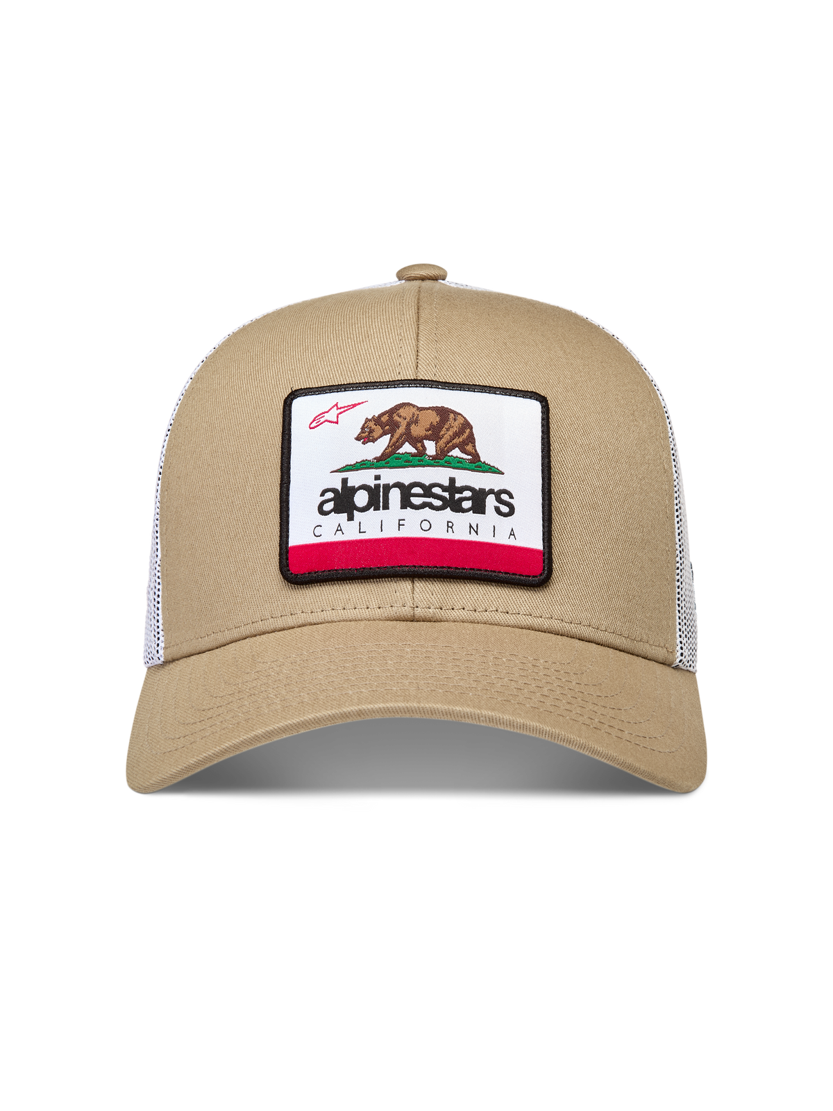 Alpinestars Cali 2.0, casquette trucker à visière incurvée, marron sable et maille blanche, écusson ours de Californie.