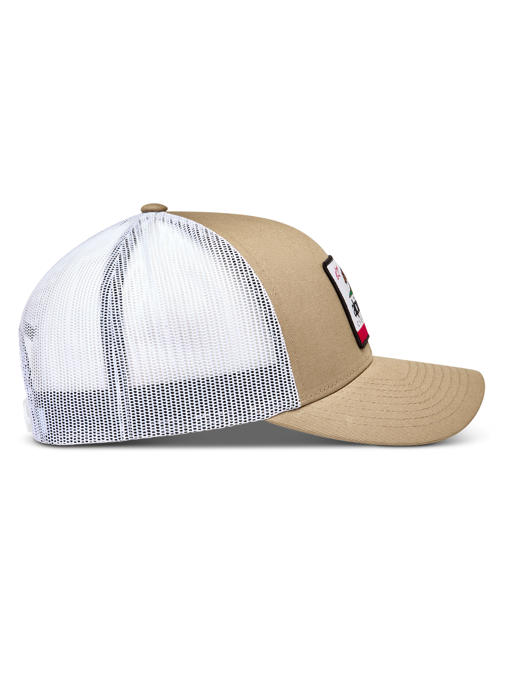Alpinestars Cali 2.0, casquette trucker sable et blanche, visière incurvée et couronne structurée pour le sportswear.