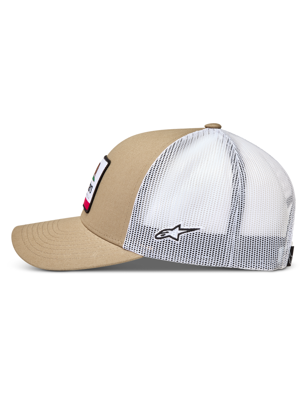 Alpinestars Cali 2.0, casquette trucker sable et blanche, visière incurvée, arrière en maille avec logo, vue de profil.