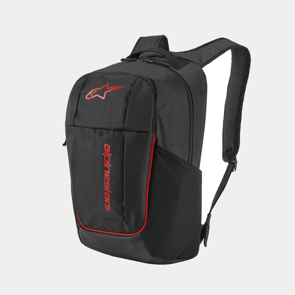 Sac à dos Alpinestars GFX V2, noir et rouge, sac à dos sportswear de taille moyenne avec logo Astars rouge et marquage vertical, poche latérale en filet pour bouteille d'eau et bretelles rembourrées en maille aérée