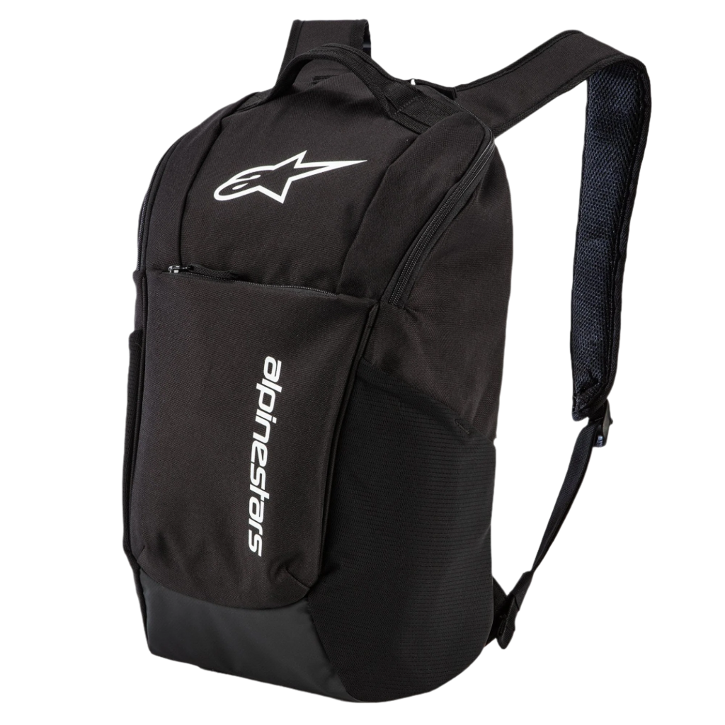 Alpinestars Defcon V2 Rugzak, zwart, kleine dagrugzak met wit gedrukt logo en verticale branding, voorzien van zijzakken van gaas en airmesh schouderbanden, duurzaam 600D polyester ontwerp