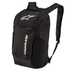 Alpinestars Defcon V2 Rugzak, zwart, kleine dagrugzak met wit gedrukt logo en verticale branding, voorzien van zijzakken van gaas en airmesh schouderbanden, duurzaam 600D polyester ontwerp