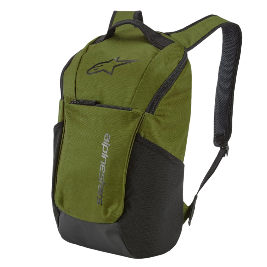 Sac à dos Alpinestars Defcon V2, sac à dos sportswear, vert militaire avec détails noirs, arborant le logo Astar et un marquage vertical, poches latérales en mesh et bretelles rembourrées en mesh aéré