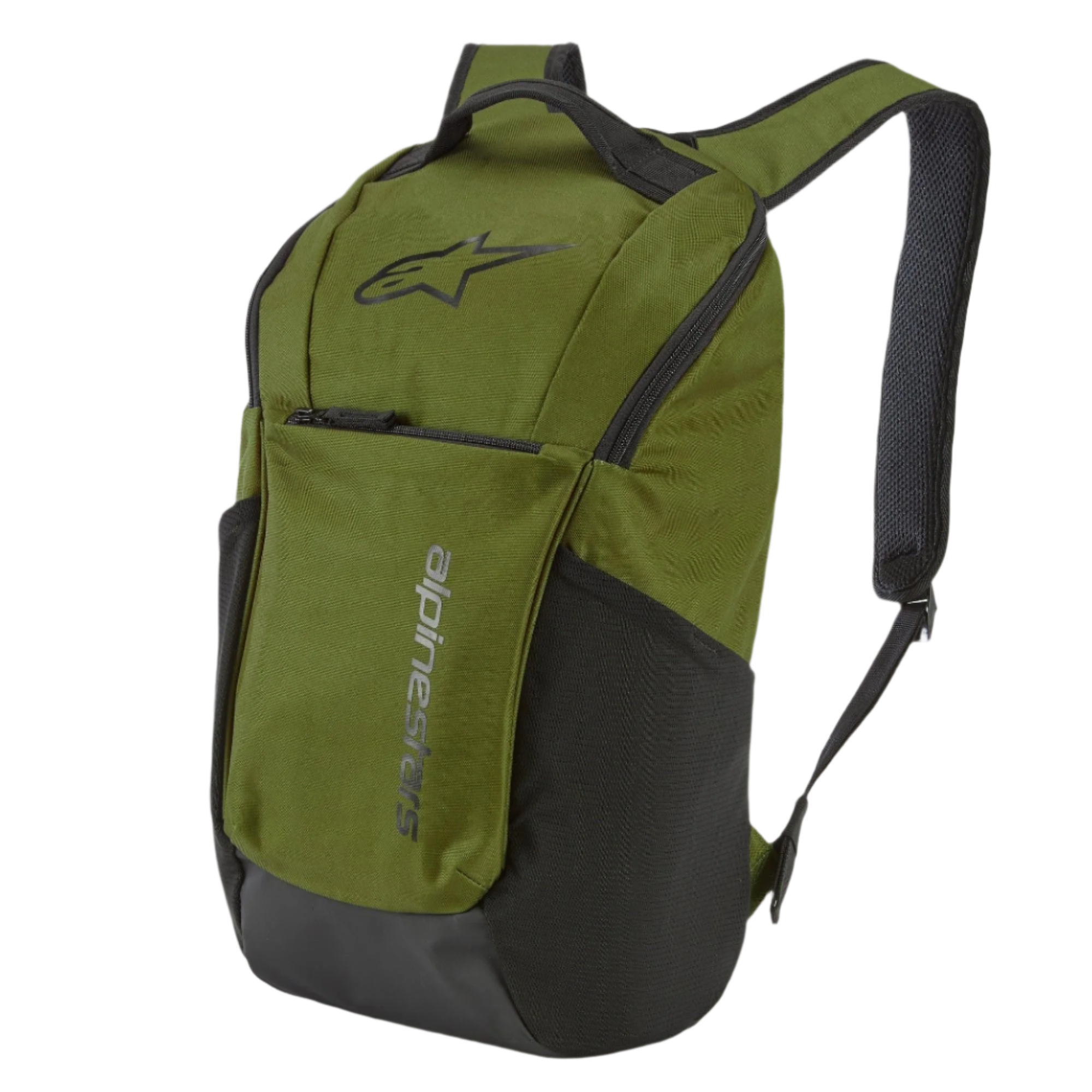 Sac à dos Alpinestars Defcon V2, sac à dos sportswear, vert militaire avec détails noirs, arborant le logo Astar et un marquage vertical, poches latérales en mesh et bretelles rembourrées en mesh aéré