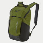 Sac à dos Alpinestars Defcon V2, vert militaire, sac à dos quotidien compact avec logo noir, doté de panneaux contrastés, d'une poche frontale zippée, de poches latérales en mesh et de bretelles en mesh aéré