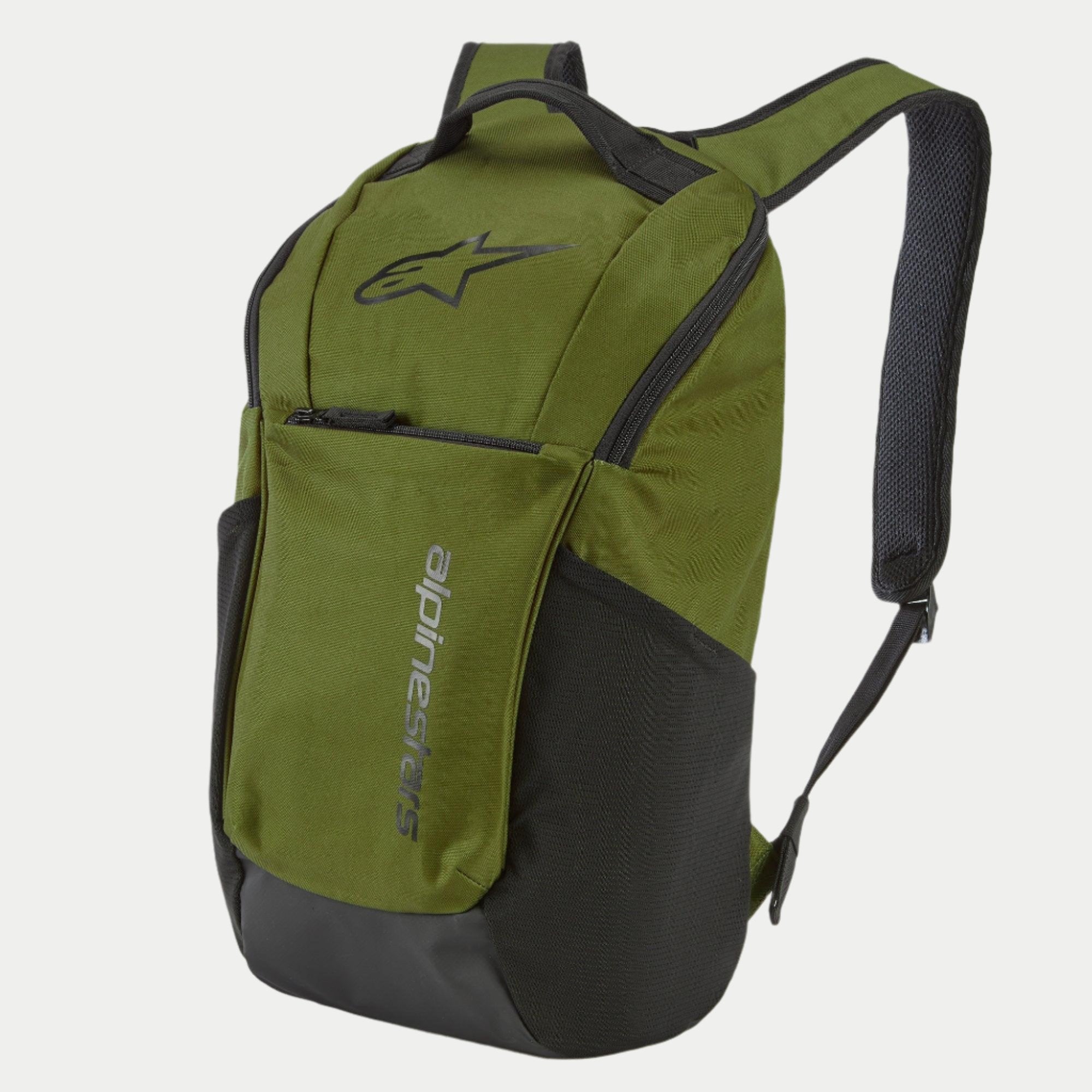 Sac à dos Alpinestars Defcon V2, vert militaire, sac à dos quotidien compact avec logo noir, doté de panneaux contrastés, d'une poche frontale zippée, de poches latérales en mesh et de bretelles en mesh aéré