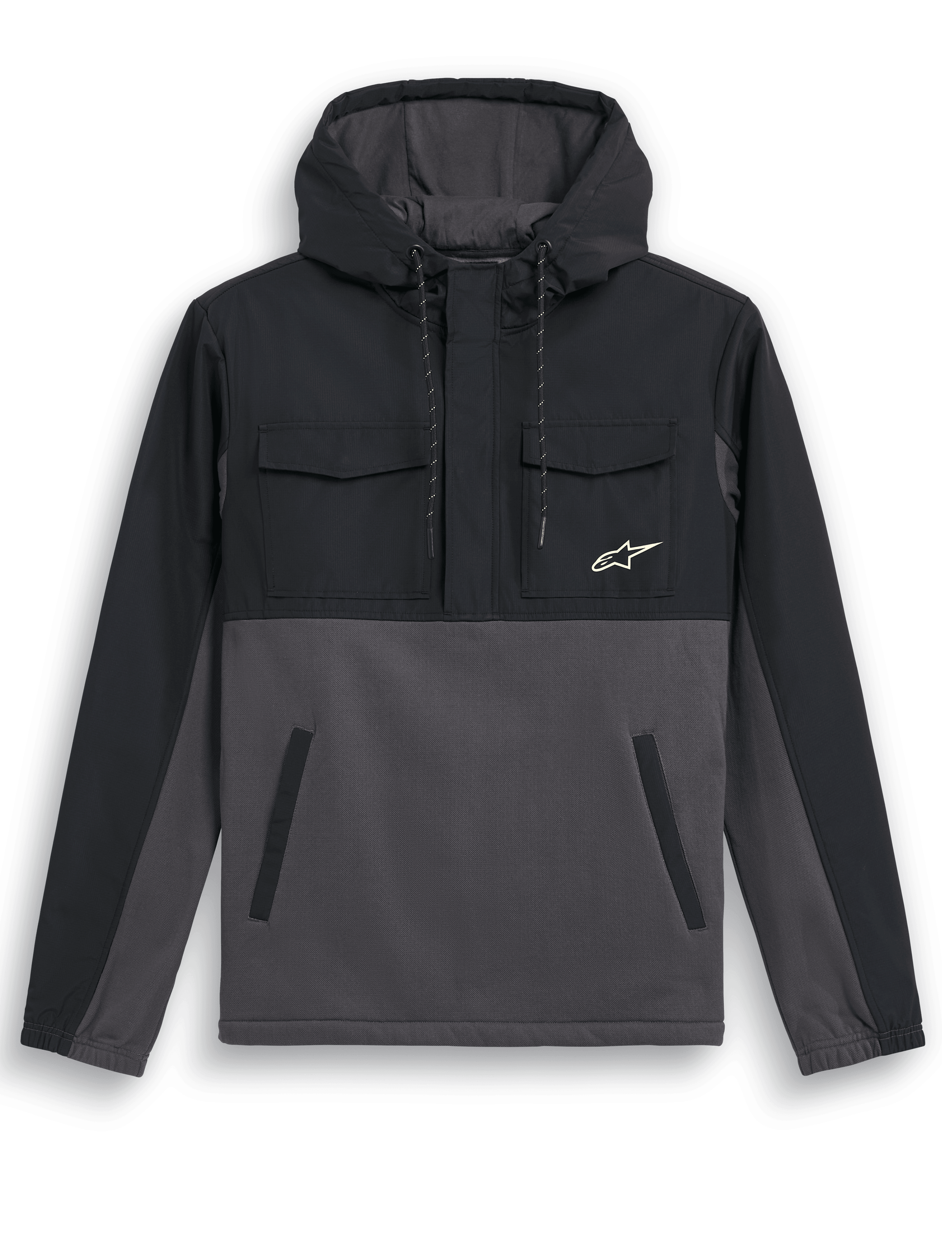 Alpinestars Juncture Hybrid Jas, Anorak hoodie, Black Gunmetal, ontwerp van gemengde materialen met ripstop-overlay op het juk en de capuchon, romp van canvas fleece, borstzakken met klep, onderste steekzakken, klein wit sterlogo, casual op de motorsport geïnspireerde jas
