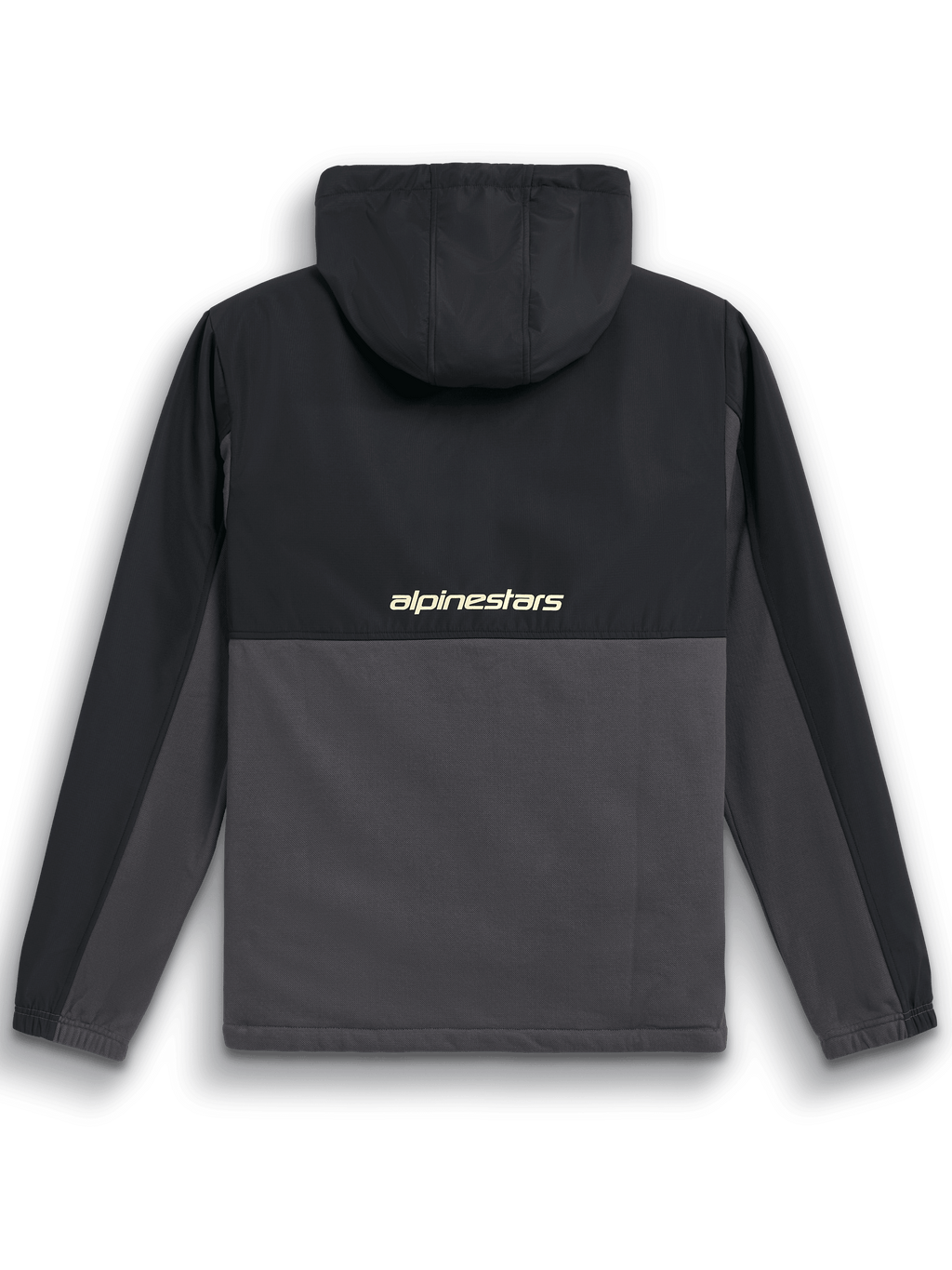 Alpinestars Juncture Hybrid Jas, achteraanzicht, zwart en gunmetal, anorak van verschillende materialen met ripstop juk en capuchon, voorzien van 'alpinestars' logo midden op de rug, casual motorsport streetwear