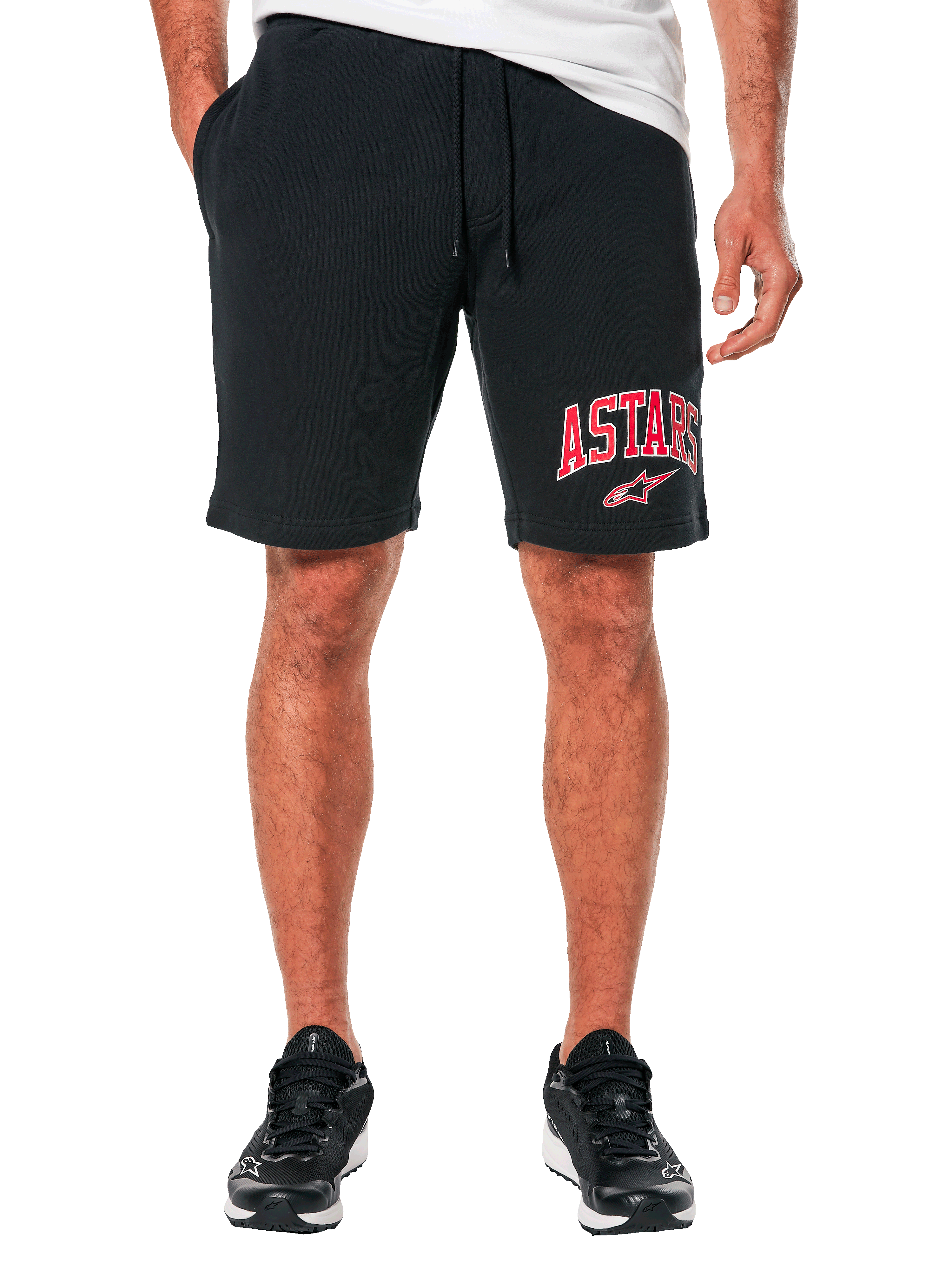 Alpinestars Dunker Short, short d'entraînement en polaire noir pour homme, logo ASTARS rouge et blanc imprimé sur la cuisse, taille élastique avec cordon de serrage, style décontracté et sportif