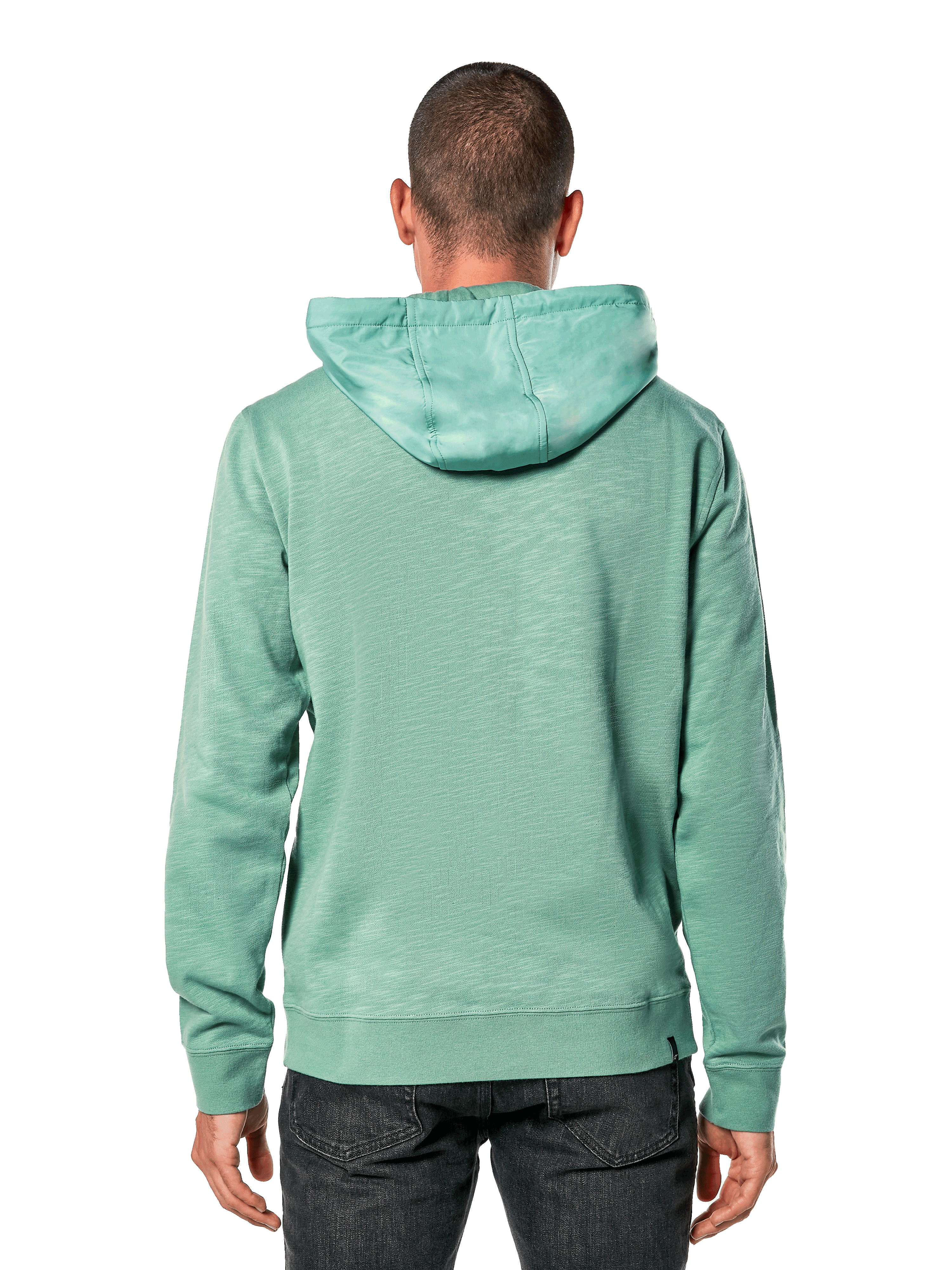Alpinestars Rooted Hoodie, vert, vue de dos d'un homme portant un sweat à capuche décontracté en french terry chiné, avec une capuche superposée, des poignets et un ourlet côtelés, design sportswear moderne