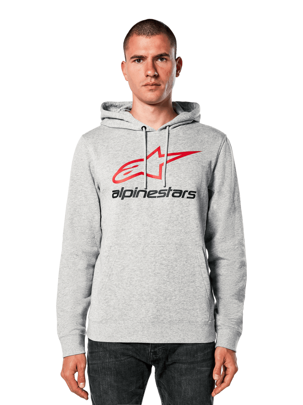 Alpinestars Always V3 Hoodie, Hellgrau meliert mit rotem und schwarzem Stern-Logo, von einem Model getragen, lässige Streetwear, Kapuze mit Kordelzug, Kängurutasche, Motorsport-inspiriertes Design