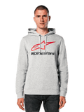 Alpinestars Always V3 Hoodie, Hellgrau meliert mit rotem und schwarzem Stern-Logo, von einem Model getragen, lässige Streetwear, Kapuze mit Kordelzug, Kängurutasche, Motorsport-inspiriertes Design