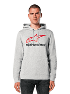 Alpinestars Always V3 Hoodie, Hellgrau meliert mit rotem und schwarzem Stern-Logo, von einem Model getragen, lässige Streetwear, Kapuze mit Kordelzug, Kängurutasche, Motorsport-inspiriertes Design