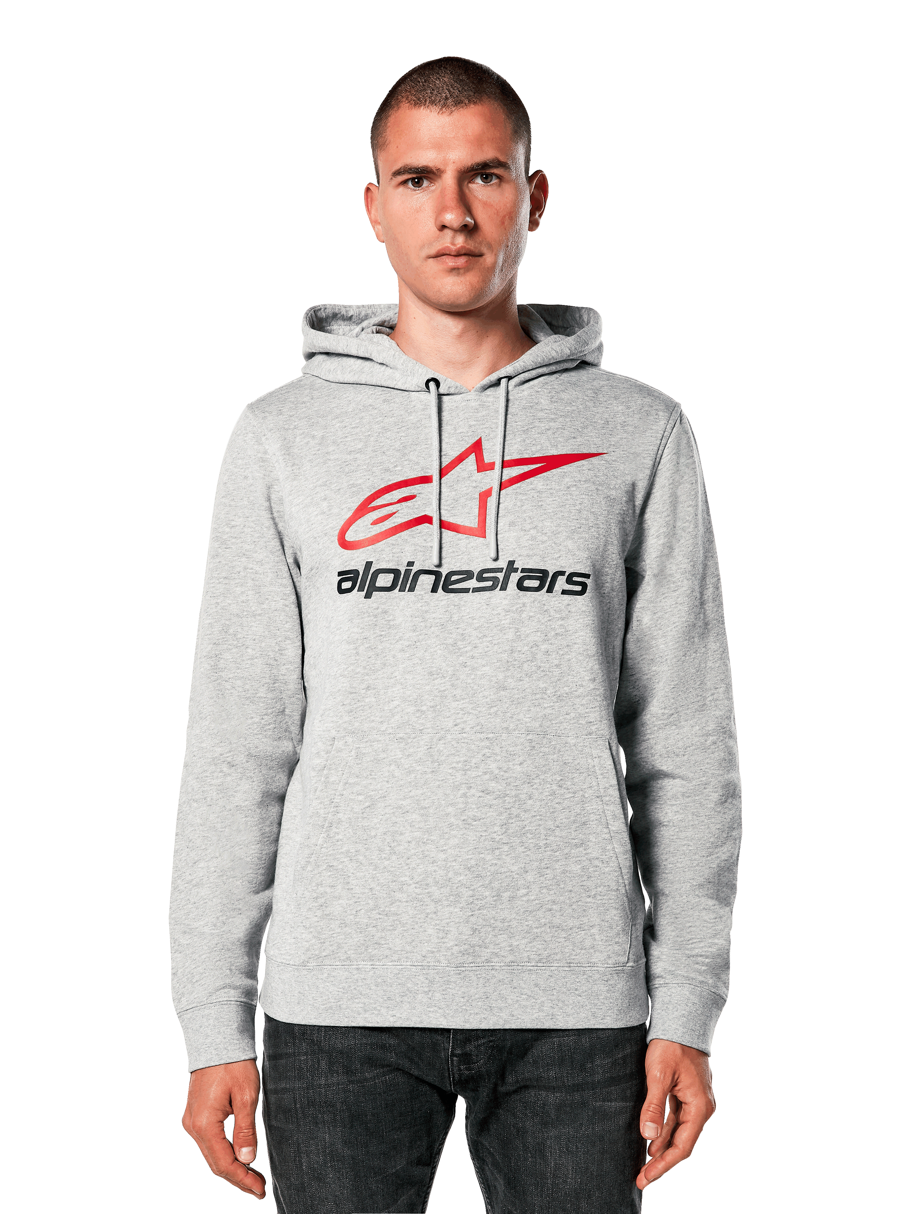 Alpinestars Always V3 Hoodie, Hellgrau meliert mit rotem und schwarzem Stern-Logo, von einem Model getragen, lässige Streetwear, Kapuze mit Kordelzug, Kängurutasche, Motorsport-inspiriertes Design