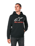 Alpinestars Always V3 Hoodie, sweat à capuche noir décontracté avec logo étoile blanc et texte Alpinestars rouge, modèle à enfiler avec poche kangourou sur le devant, style urbain sport automobile