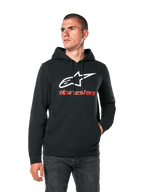 Alpinestars Always V3 Hoodie, sweat à capuche noir décontracté avec logo étoile blanc et texte Alpinestars rouge, modèle à enfiler avec poche kangourou sur le devant, style urbain sport automobile