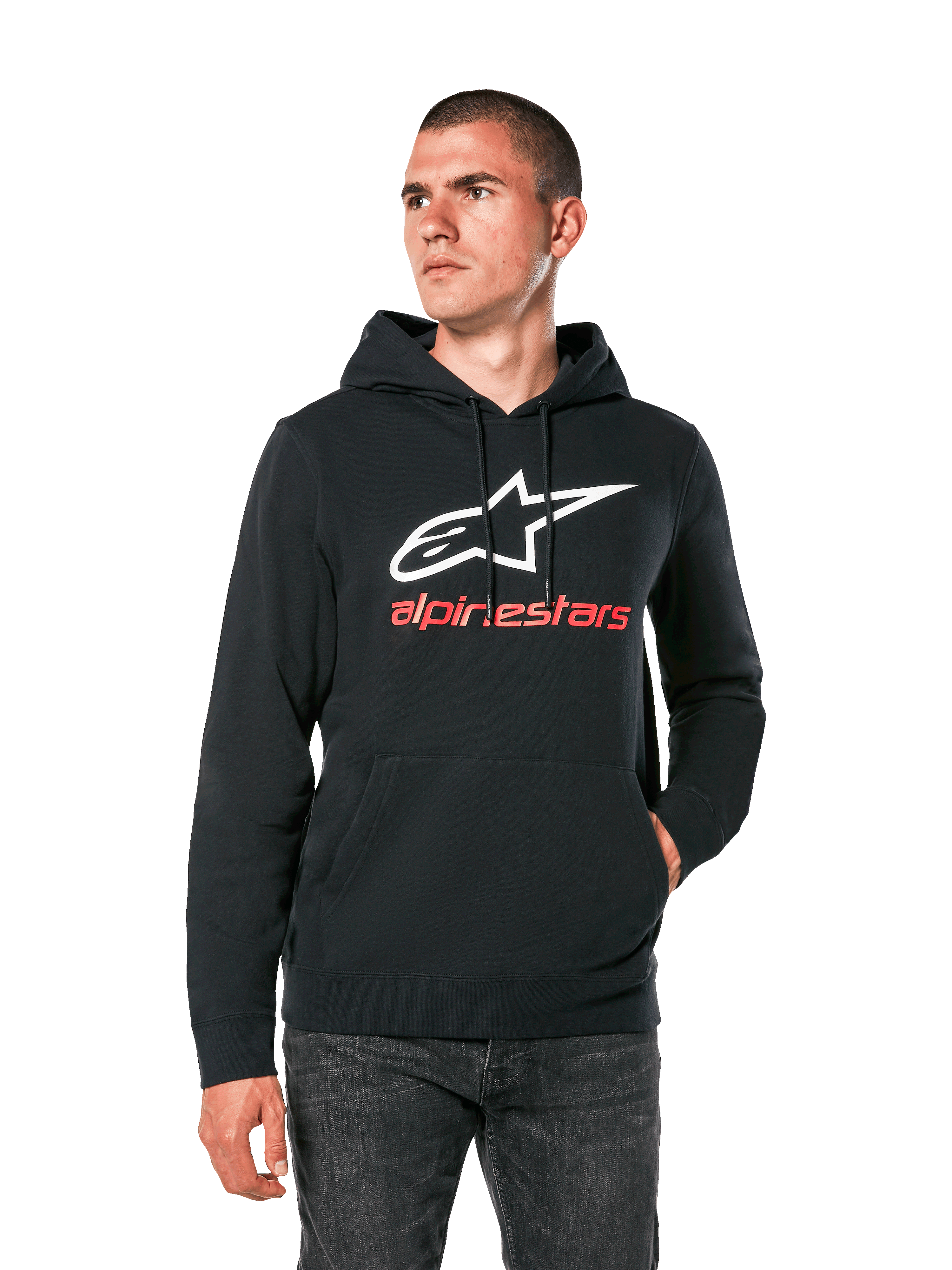 Alpinestars Always V3 Hoodie, sweat à capuche noir décontracté avec logo étoile blanc et texte Alpinestars rouge, modèle à enfiler avec poche kangourou sur le devant, style urbain sport automobile
