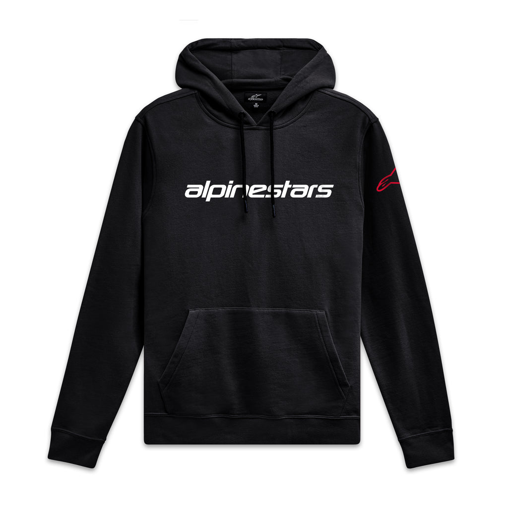 Alpinestars Sweat À Capuche Linear Wordmark V3, sweat à capuche de sportswear noir avec logo blanc sur la poitrine et marquage rouge sur la manche