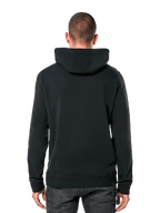 Sweat à capuche Alpinestars Ride 4.0, vue de dos, streetwear noir décontracté, polaire à capuche unie avec poignets et ourlet côtelés, porté avec un jean foncé, design moderne inspiré du sport automobile