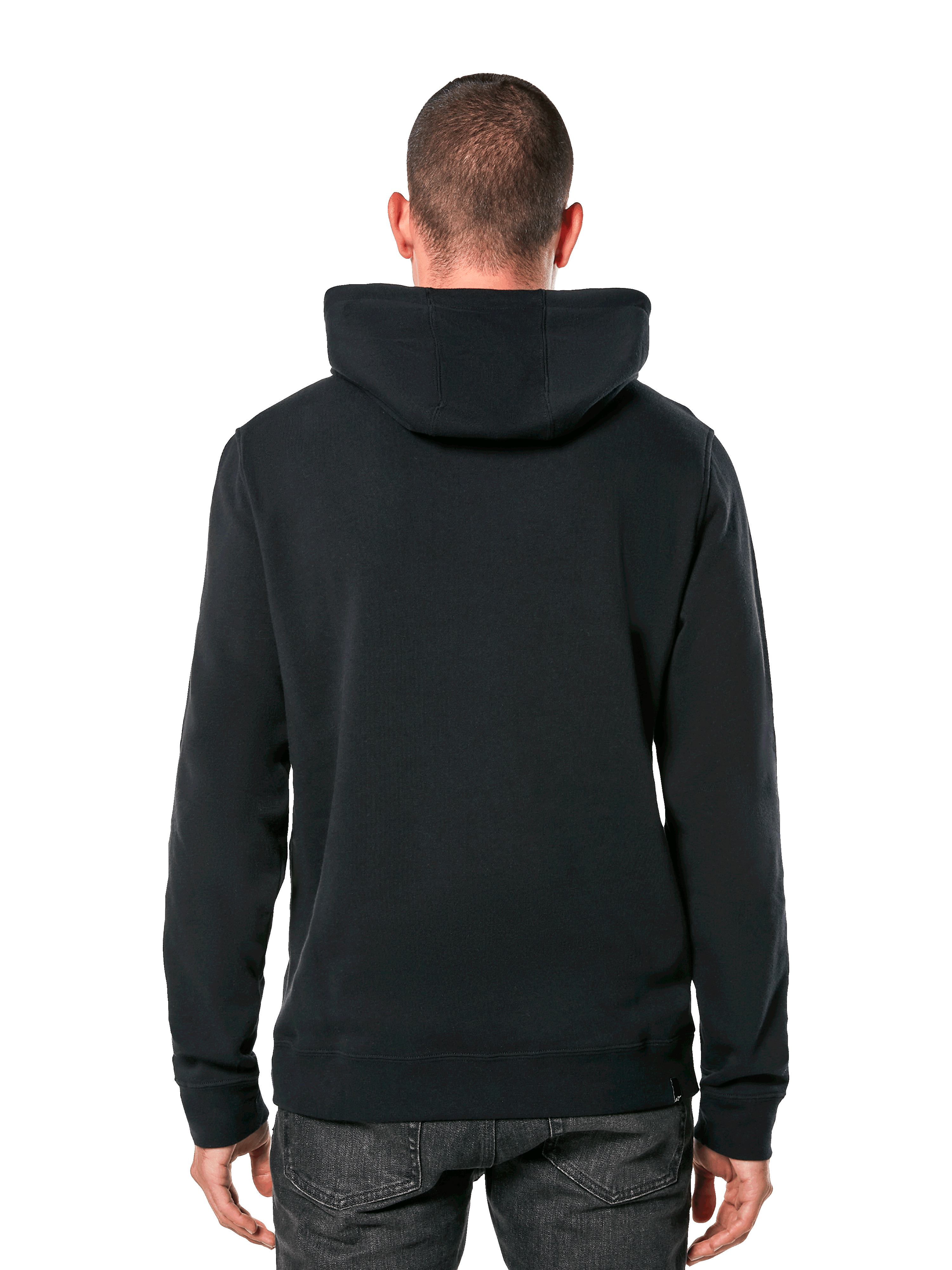 Sweat à capuche Alpinestars Ride 4.0, vue de dos, streetwear noir décontracté, polaire à capuche unie avec poignets et ourlet côtelés, porté avec un jean foncé, design moderne inspiré du sport automobile