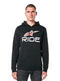 Alpinestars Ride 4.0 Hoodie, sweat à capuche noir avec logo étoile rouge et blanc et texte RIDE, polaire à enfiler avec capuche à cordon et poche frontale, vêtement décontracté inspiré des sports mécaniques