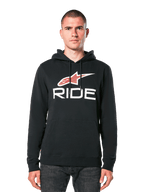 Alpinestars Ride 4.0 Hoodie, sweat à capuche noir avec logo étoile rouge et blanc et texte RIDE, polaire à enfiler avec capuche à cordon et poche frontale, vêtement décontracté inspiré des sports mécaniques