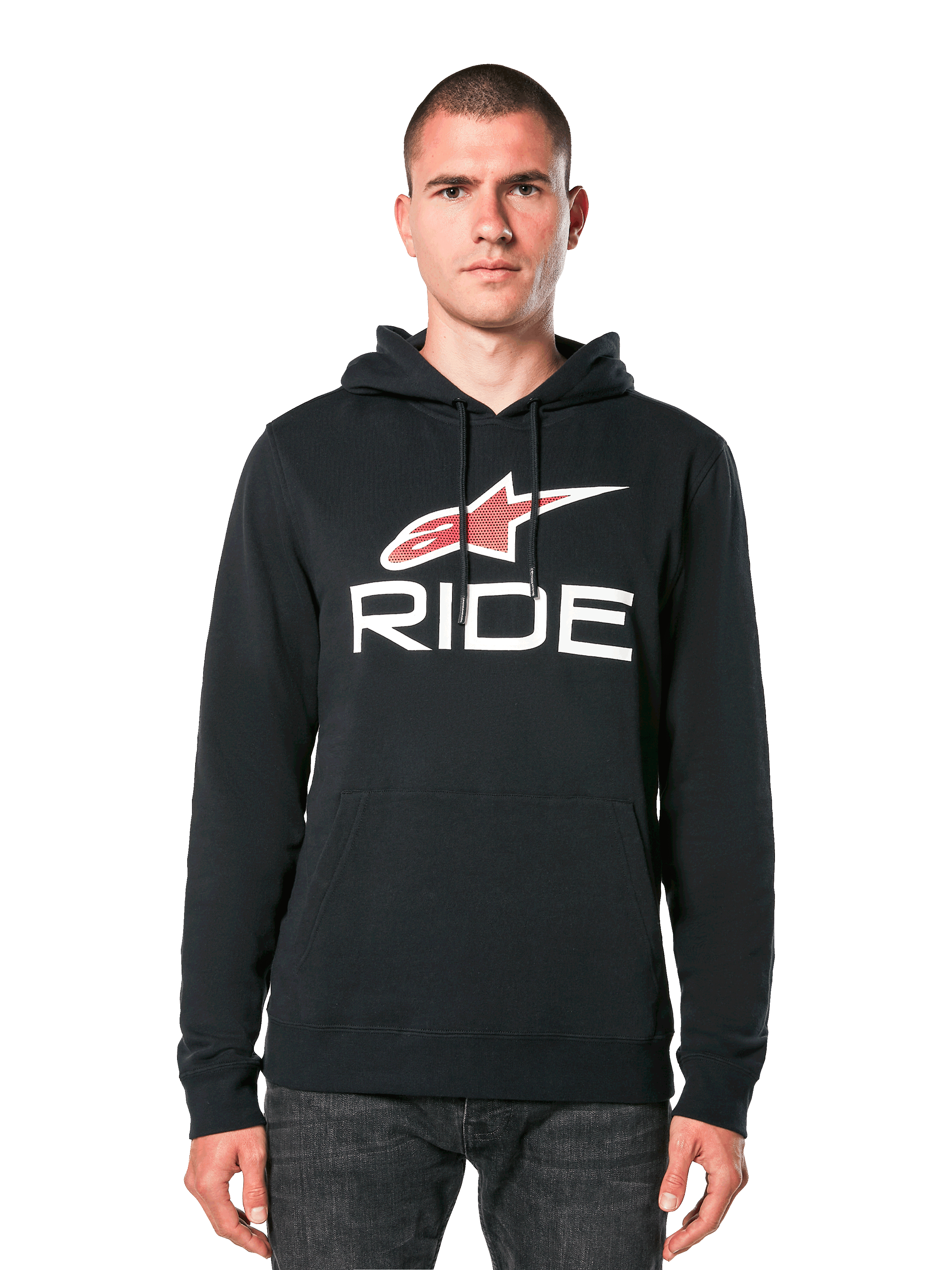 Alpinestars Ride 4.0 Hoodie, sweat à capuche noir avec logo étoile rouge et blanc et texte RIDE, polaire à enfiler avec capuche à cordon et poche frontale, vêtement décontracté inspiré des sports mécaniques