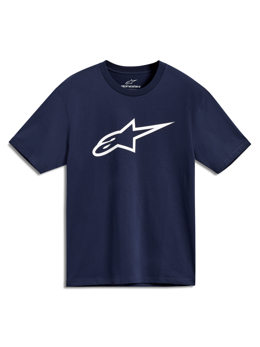 Alpinestars Ageless 2.0 CSF T-shirt, marineblauw T-shirt met korte mouwen en een groot wit Alpinestars-logo op de borst.