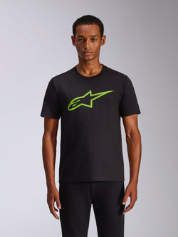 T-shirt Alpinestars Ageless 2.0 CSF, t-shirt à manches courtes, noir avec graphique de casque Alpinestars MX vert citron, streetwear décontracté de sport automobile