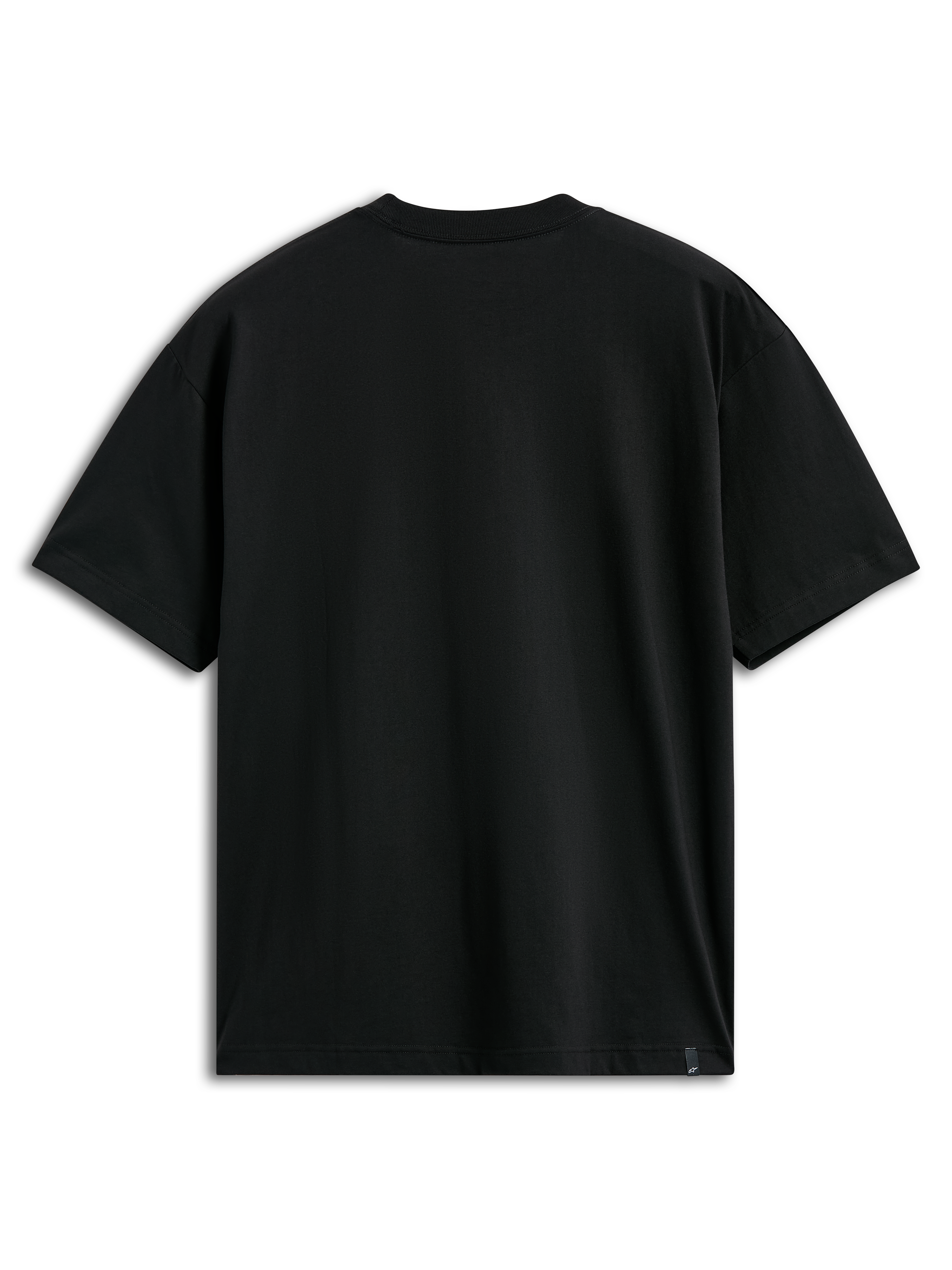 Alpinestars Ageless Shadow CSF Tee, achteraanzicht, T-shirt met korte mouwen, zwart, effen achterkant met een klein merklabel aan de zoom, casual motorsport streetwear