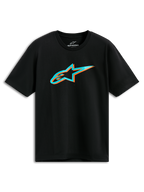 Alpinestars Ageless Shadow CSF Tee, T-shirt met korte mouwen, zwart, turquoise en oranje shadow Astars-logo op de borst, casual motorsport streetwear