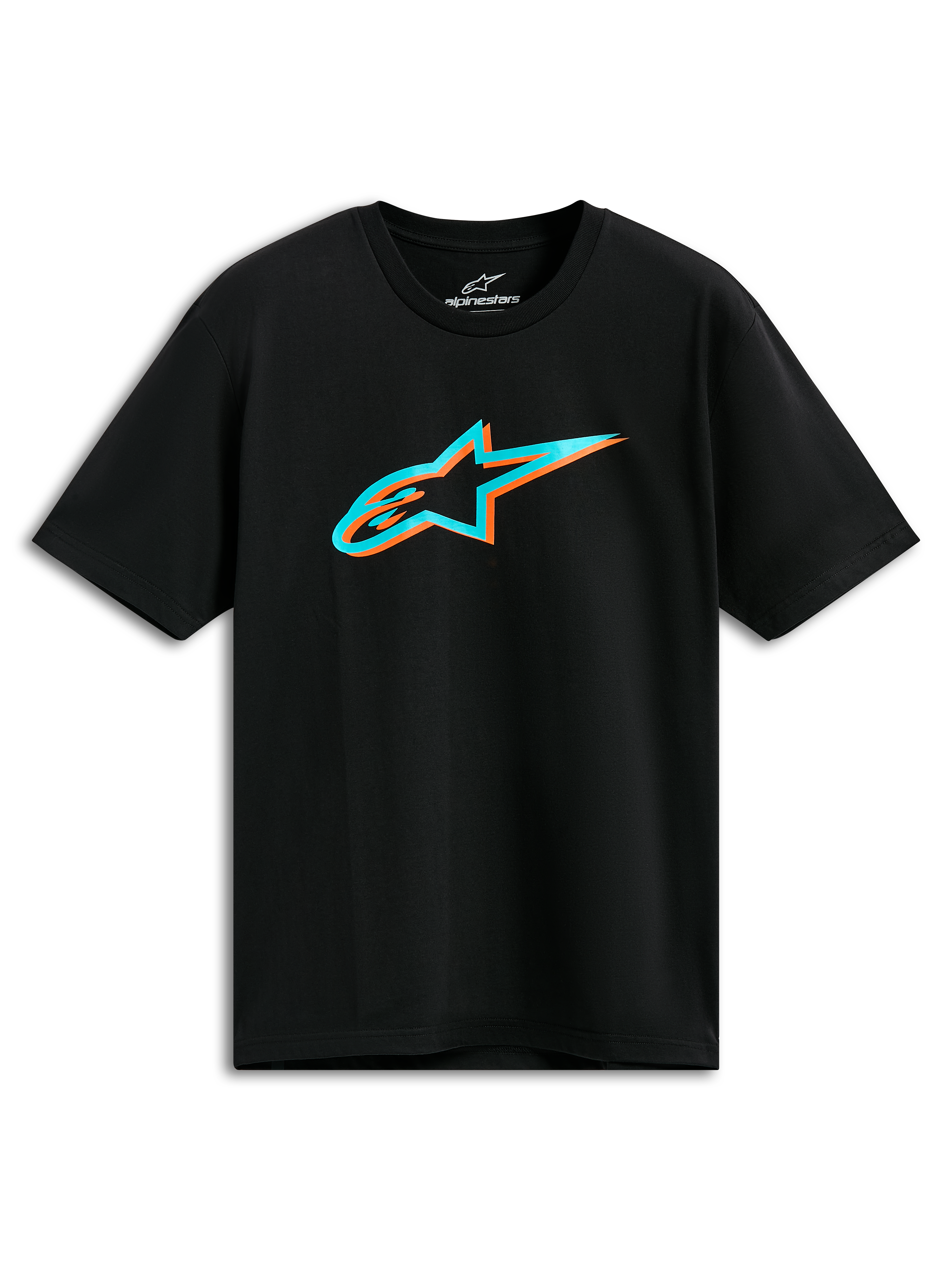 Alpinestars Ageless Shadow CSF Tee, T-shirt met korte mouwen, zwart, turquoise en oranje shadow Astars-logo op de borst, casual motorsport streetwear