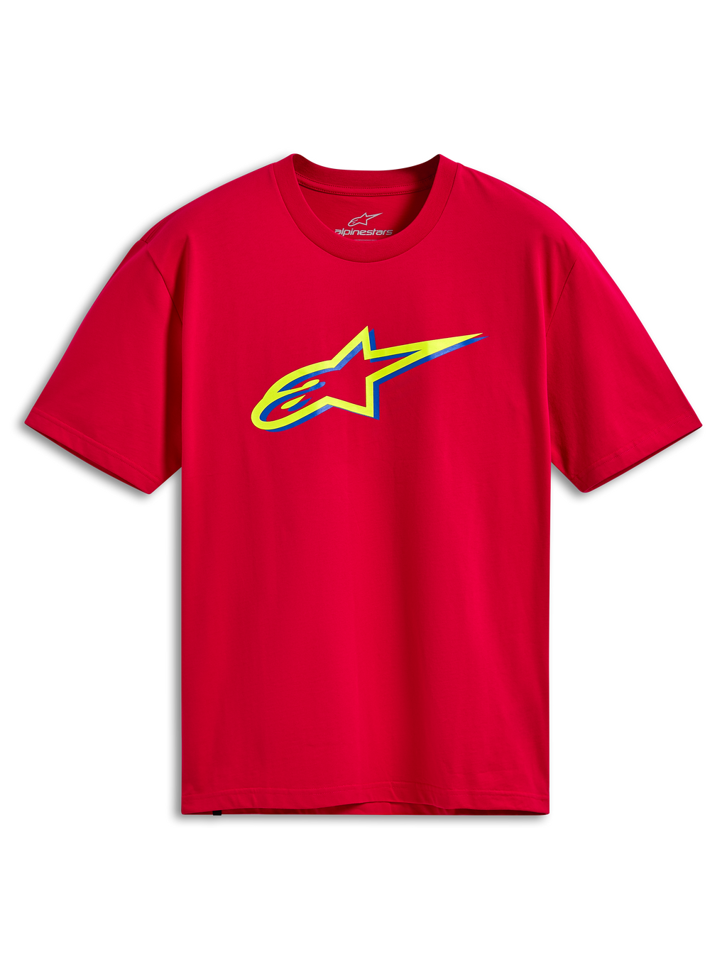 Alpinestars Ageless Shadow CSF Tee, T-shirt met korte mouwen, rood, met een geel en blauw gelaagd Ageless-logo op de borst, casual motorsport streetwear