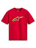 Alpinestars Ageless Shadow CSF Tee, T-shirt met korte mouwen, rood, met een geel en blauw gelaagd Ageless-logo op de borst, casual motorsport streetwear