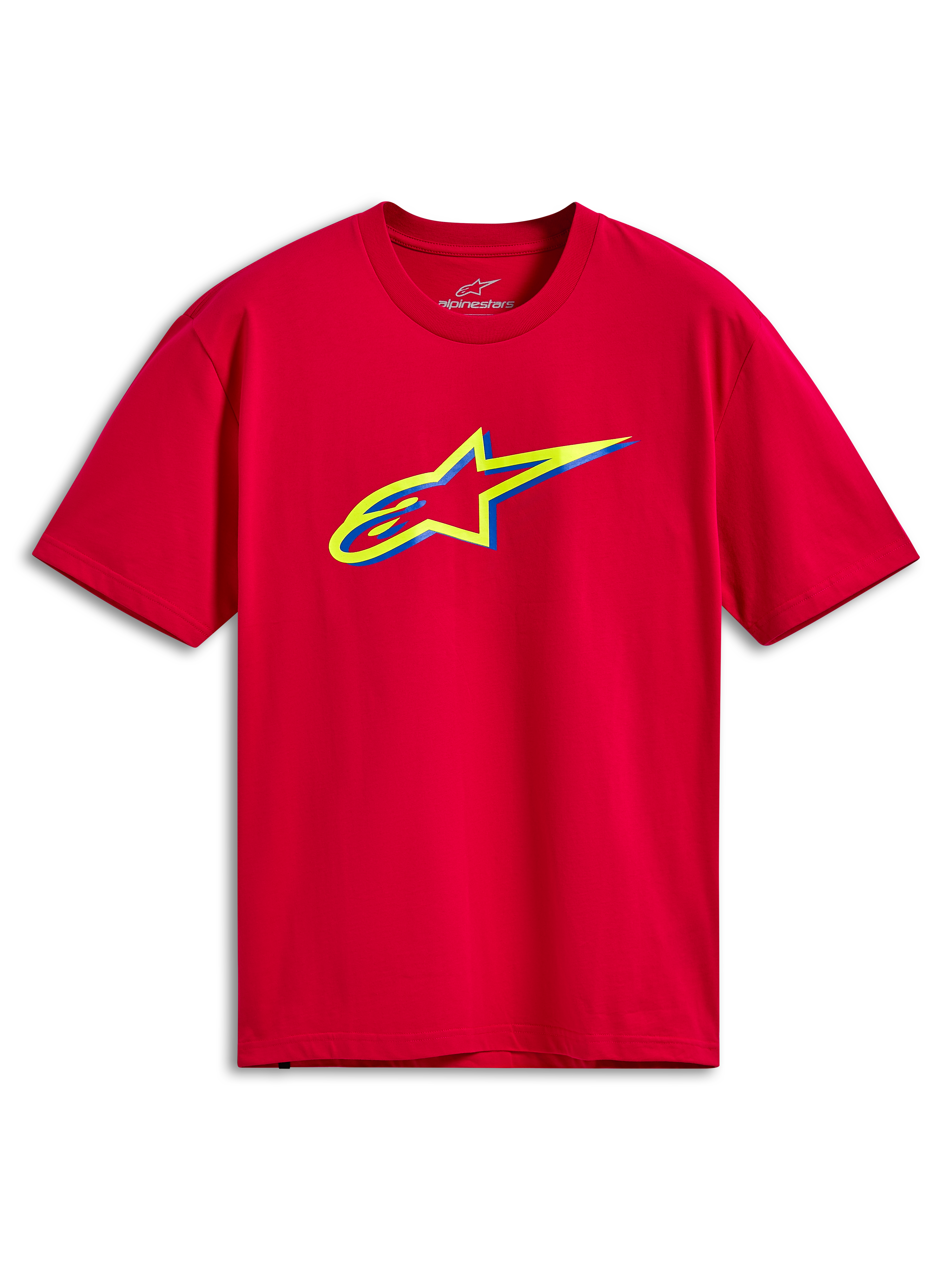Alpinestars Ageless Shadow CSF Tee, T-shirt met korte mouwen, rood, met een geel en blauw gelaagd Ageless-logo op de borst, casual motorsport streetwear