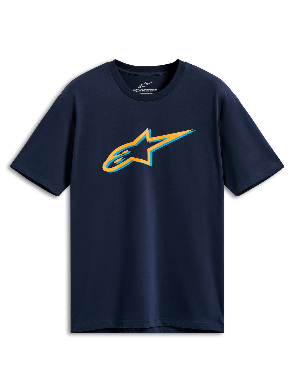 Alpinestars Ageless Shadow CSF Tee, T-shirt met korte mouwen, donkerblauw, oranje en lichtblauw Ageless Shadow-logo op de borst, casual sportkleding