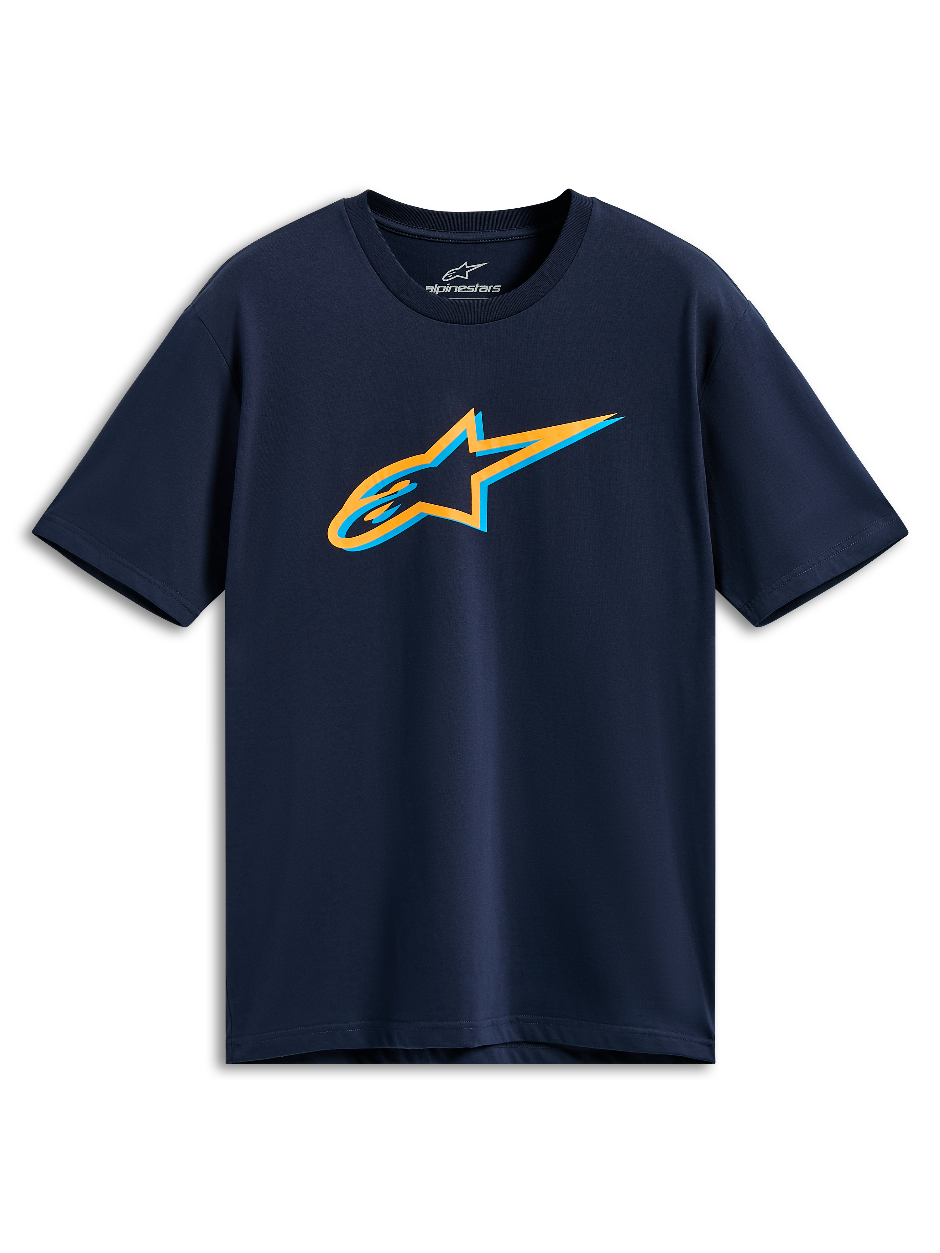 Alpinestars Ageless Shadow CSF Tee, T-shirt met korte mouwen, donkerblauw, oranje en lichtblauw Ageless Shadow-logo op de borst, casual sportkleding