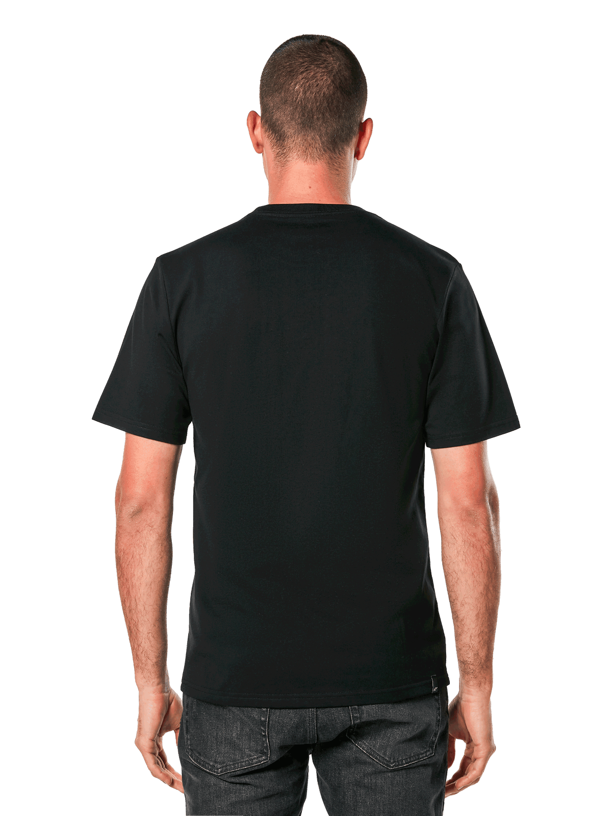 Alpinestars Always 2.0 CSF Tee, T-shirt met korte mouwen, zwart, achteraanzicht met effen rugontwerp, gedragen door model, casual motorsport streetwear