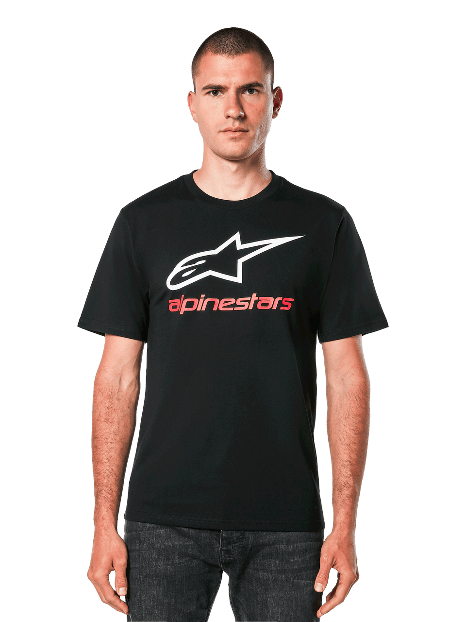 Alpinestars Always 2.0 CSF T-shirt, zwart katoenen shirt met witte ster en rood logo, korte mouwen, casual motorsport streetwear voor heren