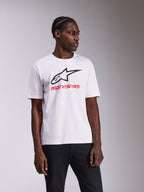 Alpinestars Always 2.0 CSF Tee, T-shirt met korte mouwen, wit, zwart Alpinestars-logo en rode tekst, casual motorsport sportkleding