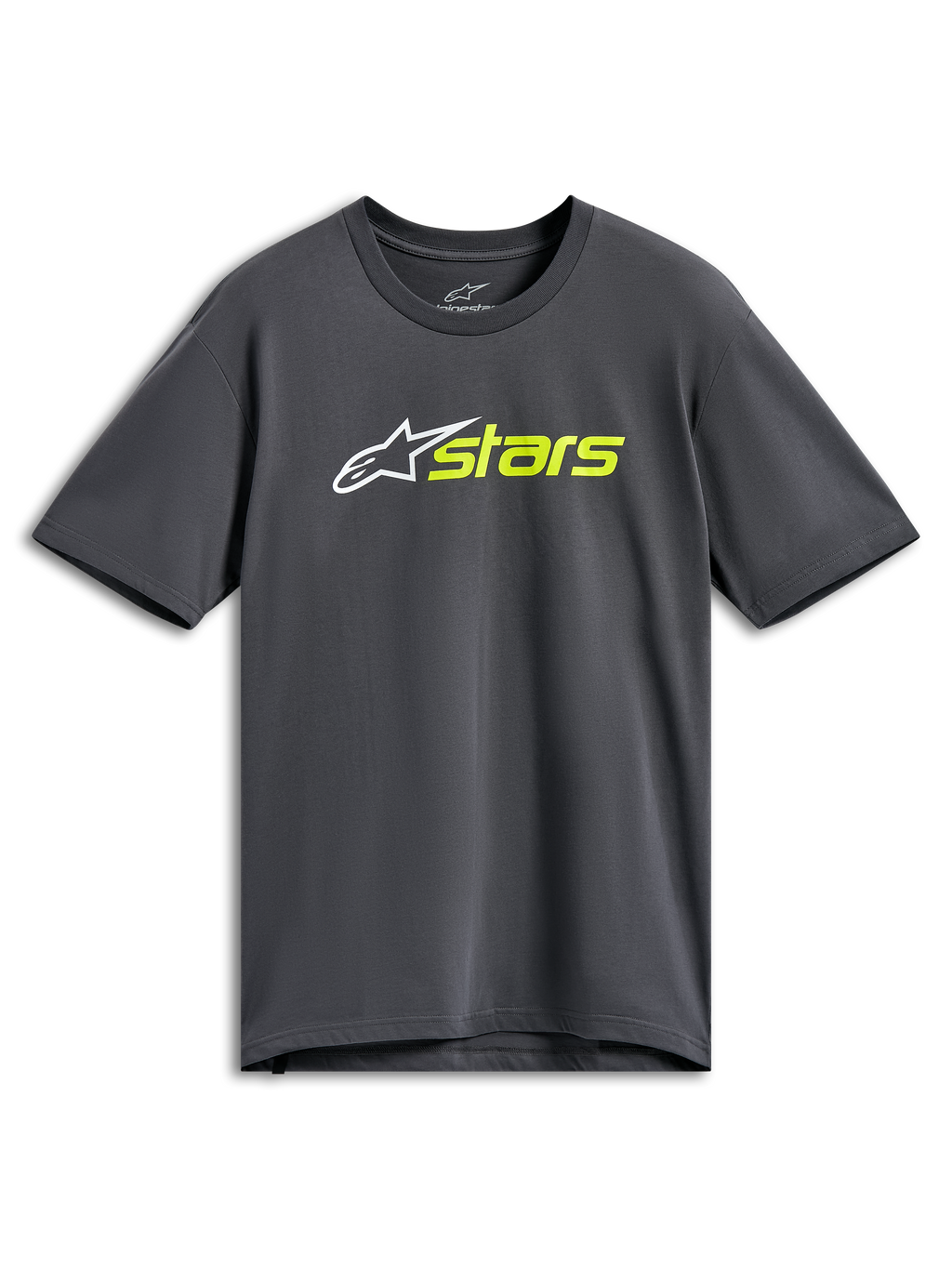 Alpinestars Blaze 2.0 CSF Tee, T-shirt met korte mouwen, houtskoolgrijs, wit sterlogo met hi-vis gele 'stars' tekst, casual motorsport streetwear