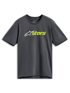 Alpinestars Blaze 2.0 CSF Tee, T-shirt met korte mouwen, houtskoolgrijs, wit sterlogo met hi-vis gele 'stars' tekst, casual motorsport streetwear