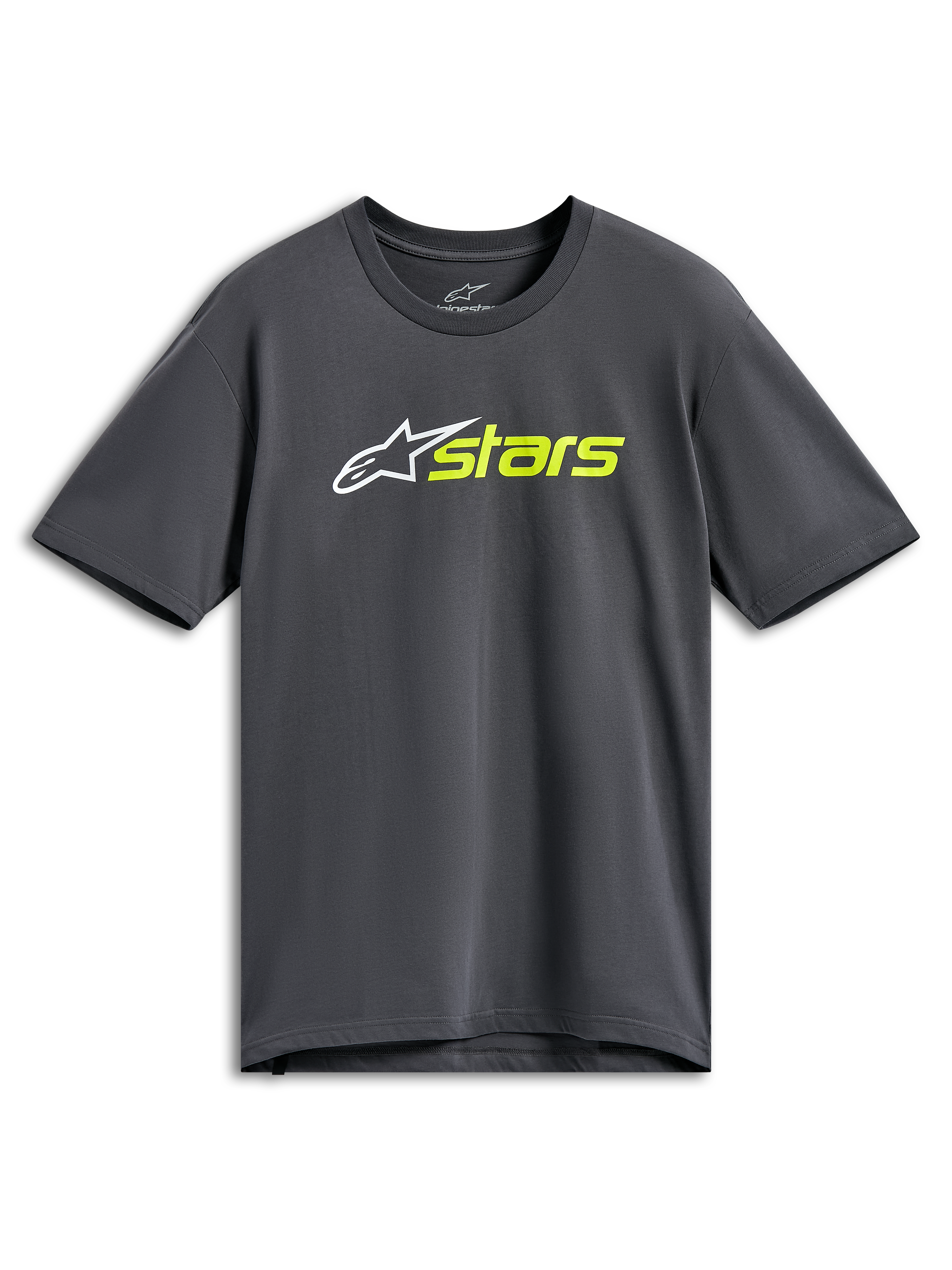 Alpinestars Blaze 2.0 CSF Tee, T-shirt met korte mouwen, houtskoolgrijs, wit sterlogo met hi-vis gele 'stars' tekst, casual motorsport streetwear