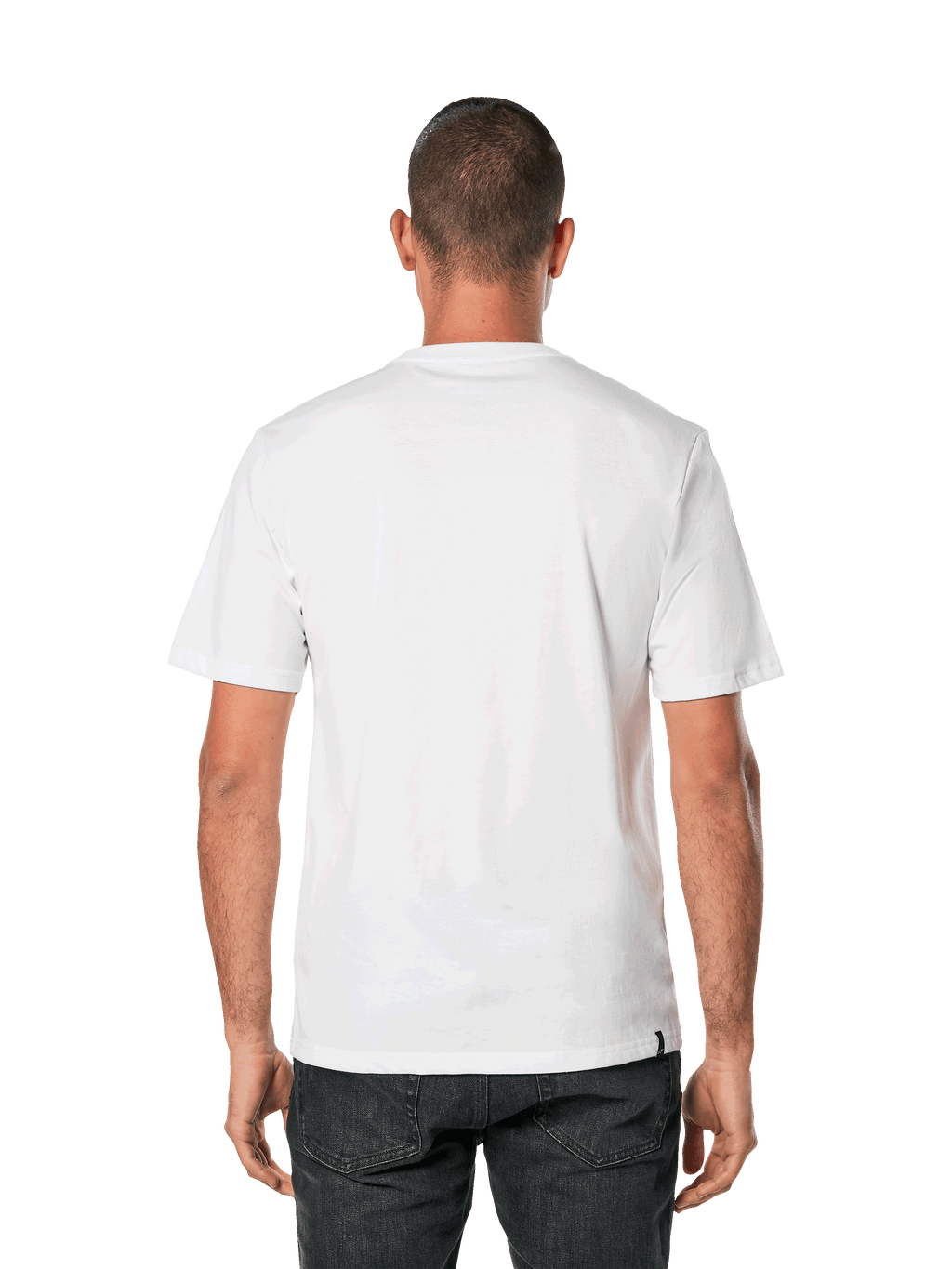 Alpinestars Blaze 2.0 CSF Tee, t-shirt à manches courtes, blanc et bleu marine, vue arrière d'un homme portant un t-shirt blanc uni avec un pantalon noir, streetwear motorsport décontracté