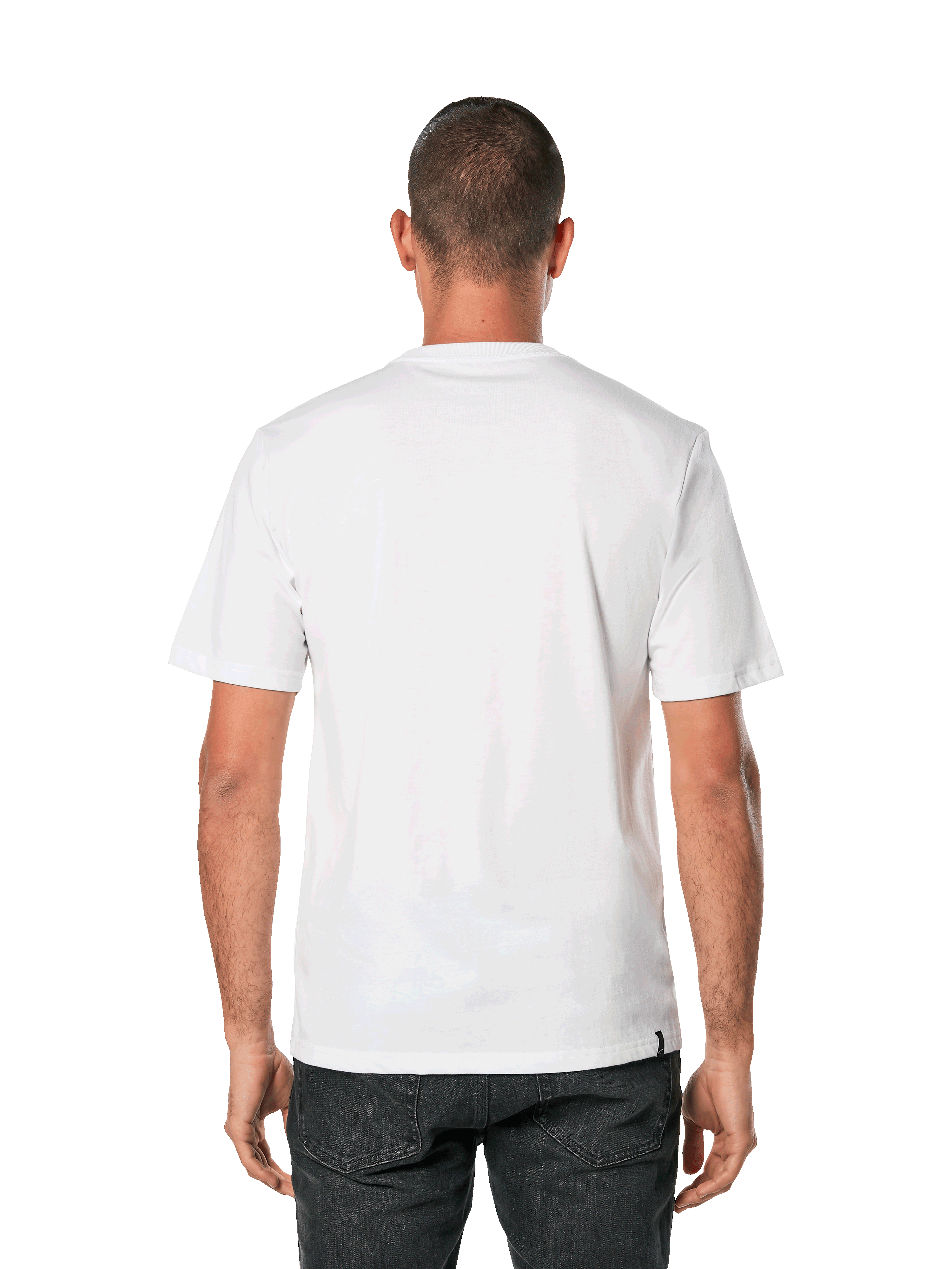 Alpinestars Blaze 2.0 CSF Tee, t-shirt à manches courtes, blanc et bleu marine, vue arrière d'un homme portant un t-shirt blanc uni avec un pantalon noir, streetwear motorsport décontracté