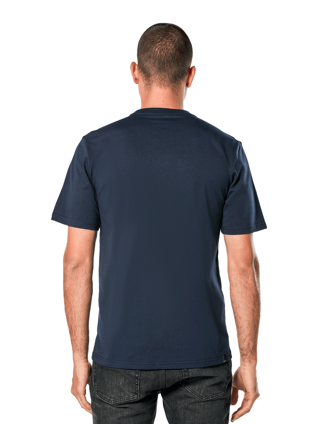 Alpinestars Blaze 2.0 CSF Tee, Kurzarm-T-Shirt, Navyblau, Rückansicht am Modell, lässige, vom Motorsport inspirierte Streetwear
