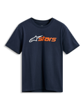 Alpinestars Blaze 2.0 CSF Tee, T-shirt met korte mouwen, marineblauw, wit Alpinestars-logo en oranje 'stars' op de borst, casual motorsport sportkleding