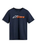 Alpinestars Blaze 2.0 CSF Tee, T-shirt met korte mouwen, marineblauw, wit Alpinestars-logo en oranje 'stars' op de borst, casual motorsport sportkleding