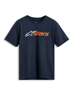 Alpinestars Blaze 2.0 CSF Tee, T-shirt met korte mouwen, marineblauw, wit Alpinestars-logo en oranje 'stars' op de borst, casual motorsport sportkleding